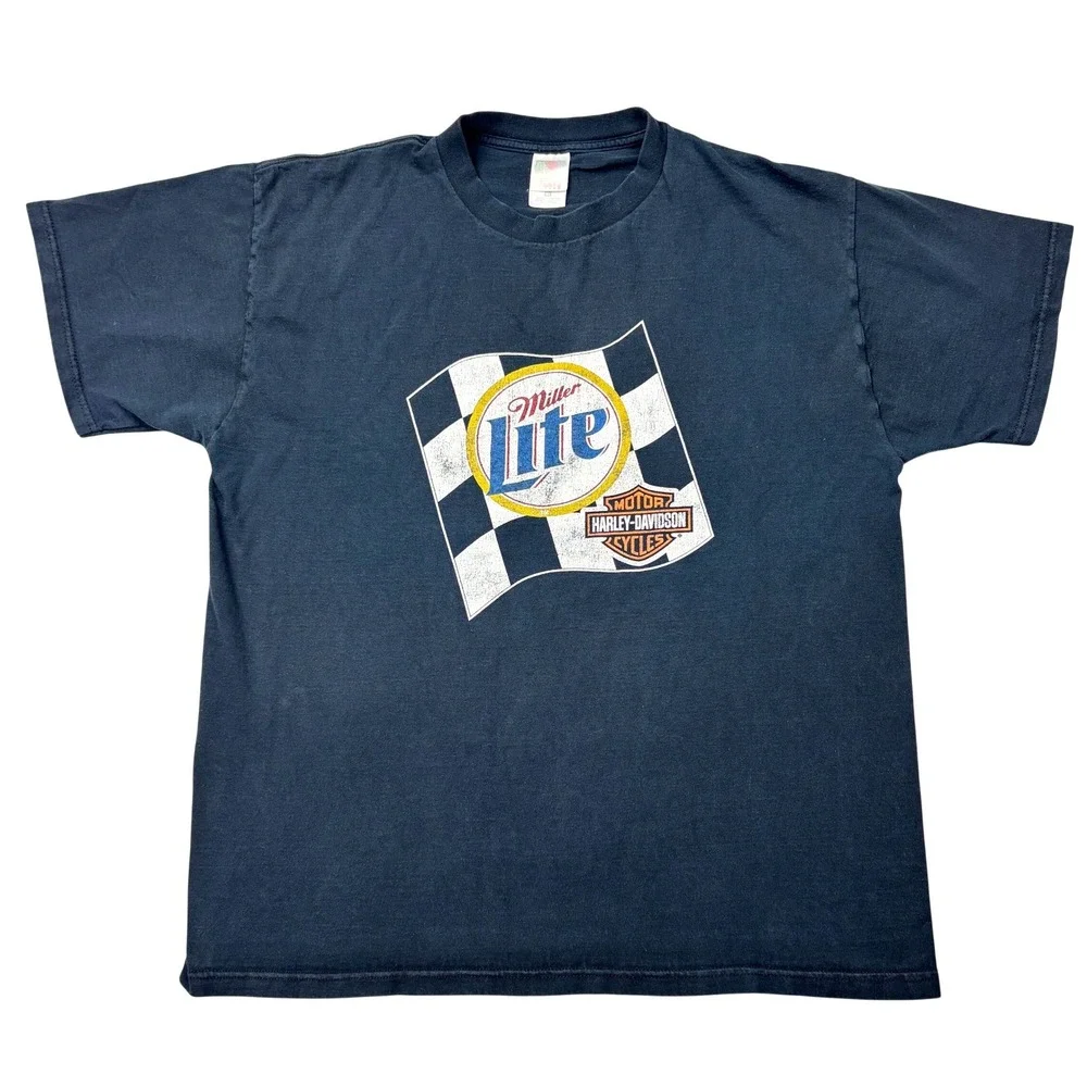 Vintage Harley-Davidson Miller Life Ride Straight T-Shirt XL Black Racing Flag